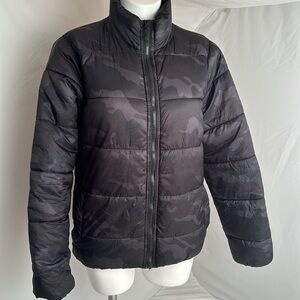 Avalanche gray black camouflage full zip packable puffer coat